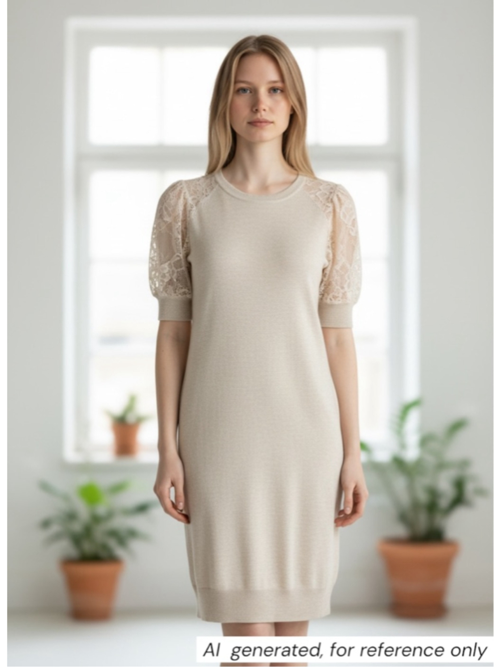 INTIMISSIMI Knit Lace Puff Sleeves Beige Mini Dress, Casual, Sz S